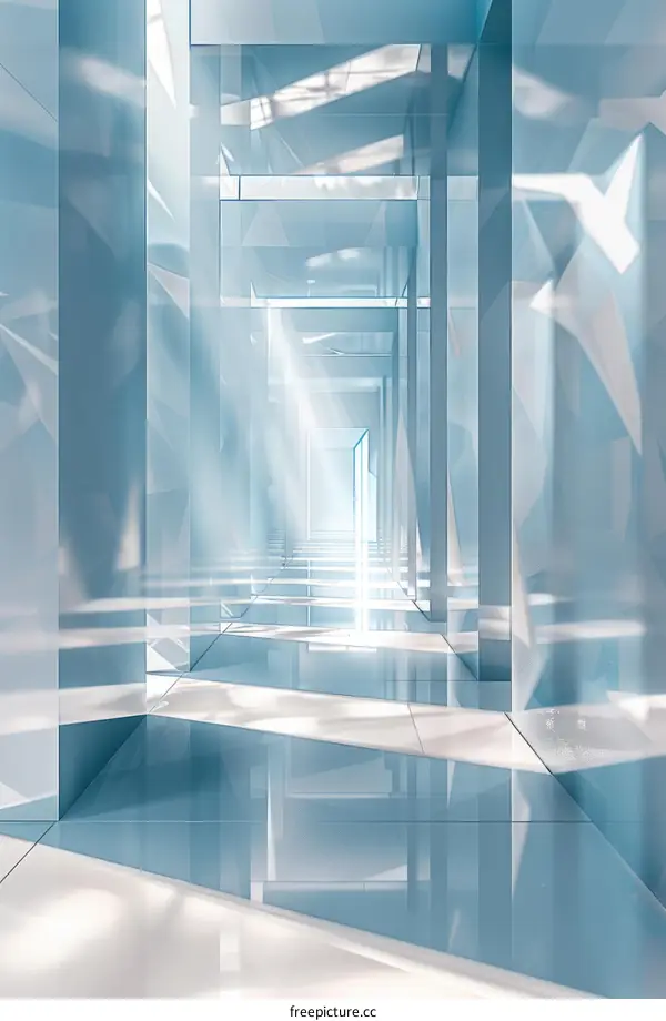 Blue and white geometric shapes form a futuristic hallway