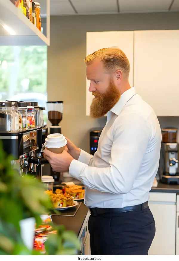 Man with a beard pouring coffee in a cup at the office