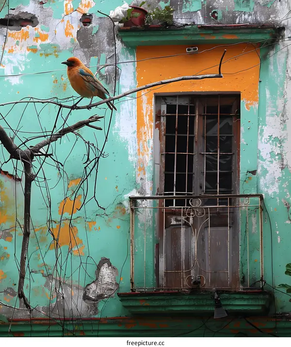 A Bird Perched on a Branch Outside a Window
