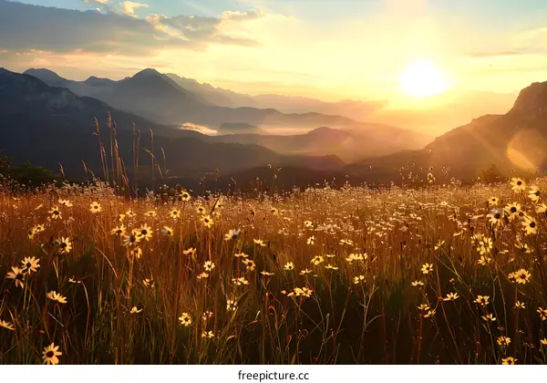 Field of flowers with mountains in the distance