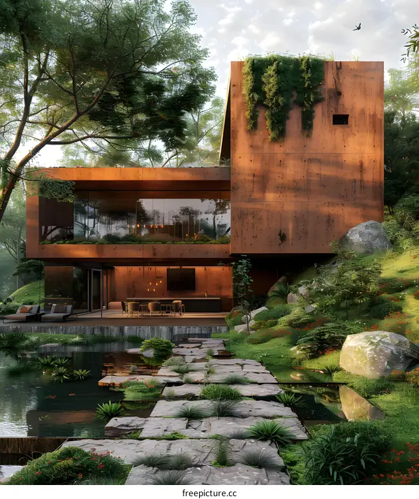 Modern house with rusty facade in the forest