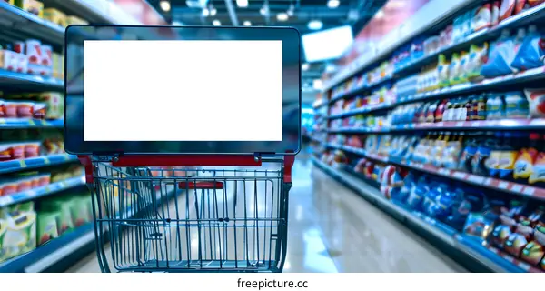 Blank Screen Laptop In Supermarket Shopping Cart