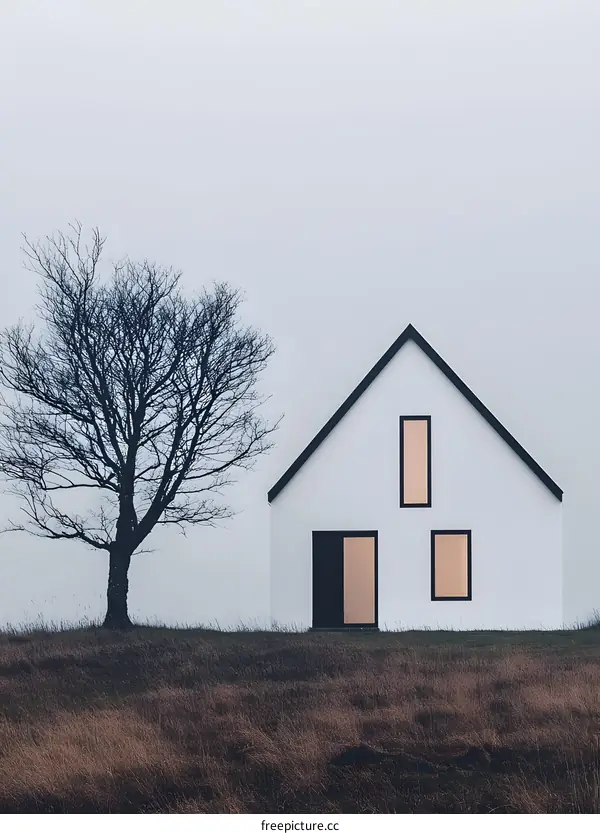 Minimalist White House with a Bare Tree in the Foreground