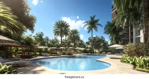 Tropical Resort Pool With Palm Trees And Loungers