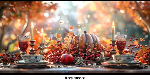Thanksgiving Table Setting with Pumpkin, Candles, and Fall Leaves