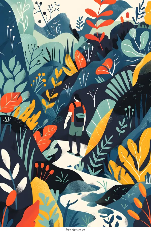 Abstract Art Illustration of Person Walking Through a Lush Forest Path