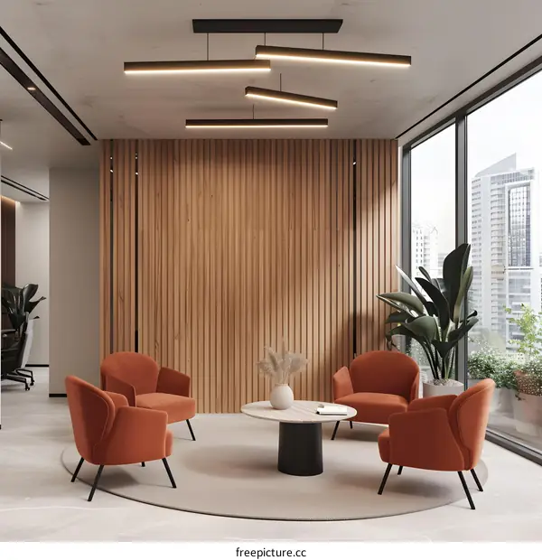 Modern Minimalist Office Lobby Interior Design with Wooden Wall
