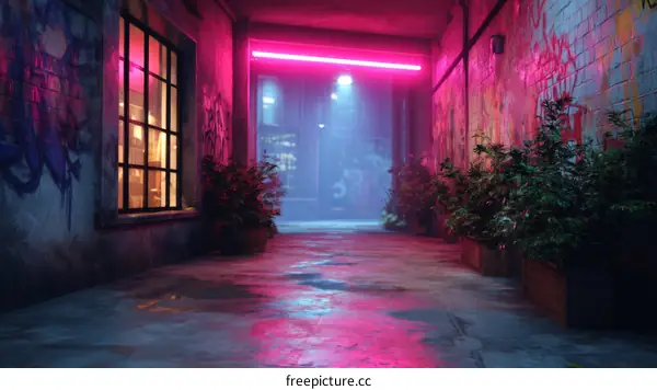 Neon Alleyway at Night Under Street Art