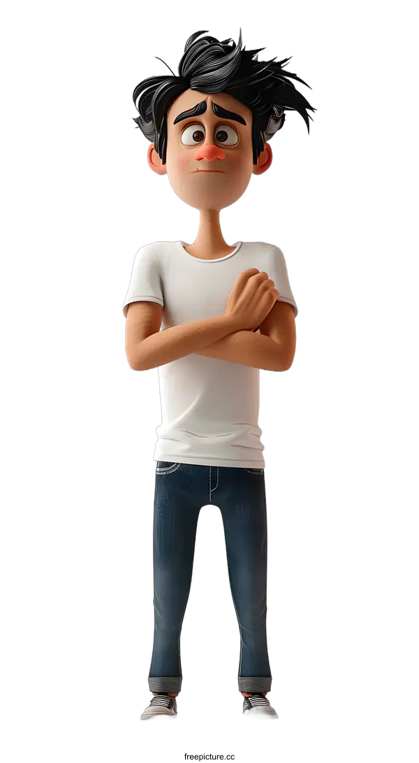 [Transparent Background PNG]Worried Cartoon Boy with Crossed Arms