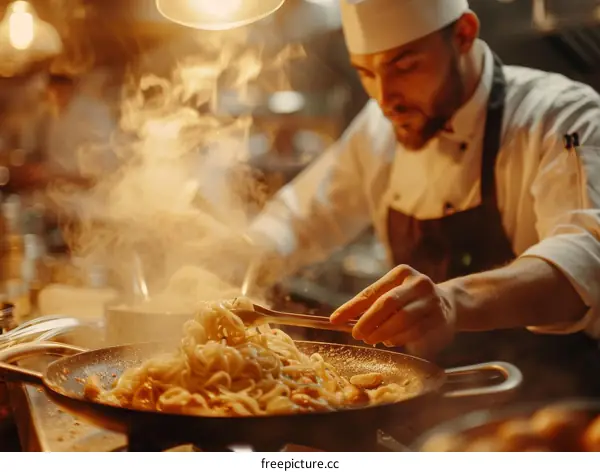 Focused male chef cooking pasta in a hot pan