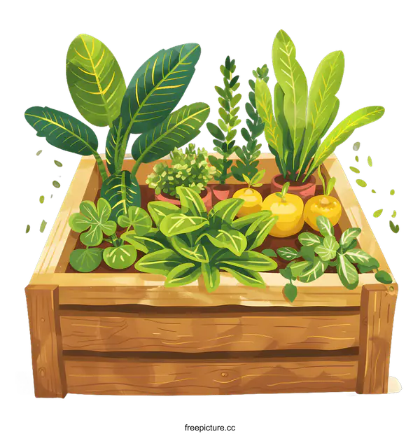 [Transparent Background PNG]Garden with various green plants in wooden planter