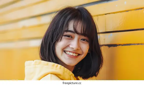 Smiling Asian Girl with Freckles in Yellow Hoodie