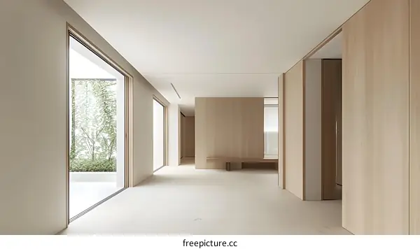 Modern Minimalist Interior Design With Wood Paneling And A View Of A Lush Garden