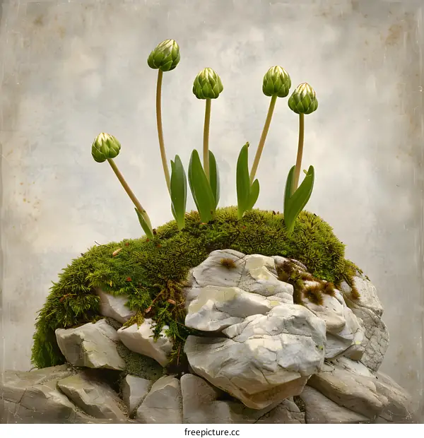 Green Plant Buds Growing From Rocks With Moss