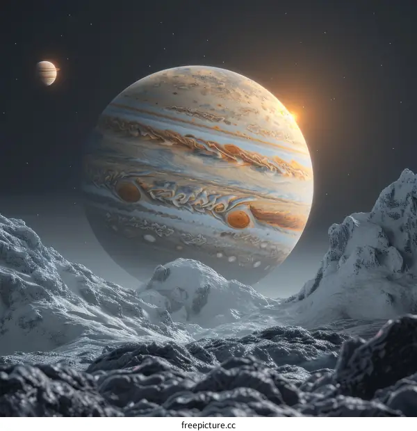 A beautiful painting of a snowy landscape with a large planet in the sky