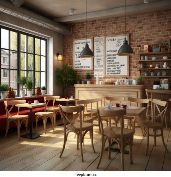 Cozy Minimalist Cafe Interior With Brick Wall And Plants