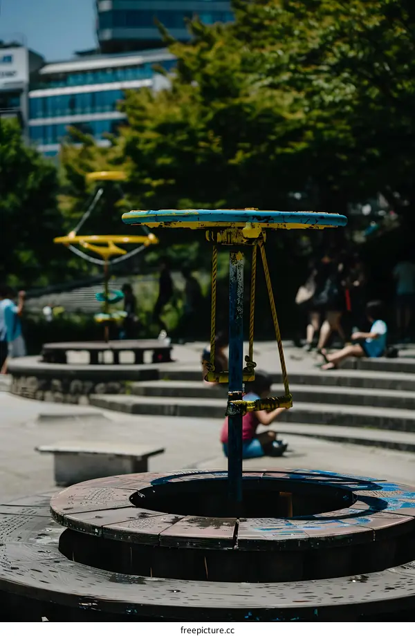 Blue and Yellow Playground Equipment in a City Park