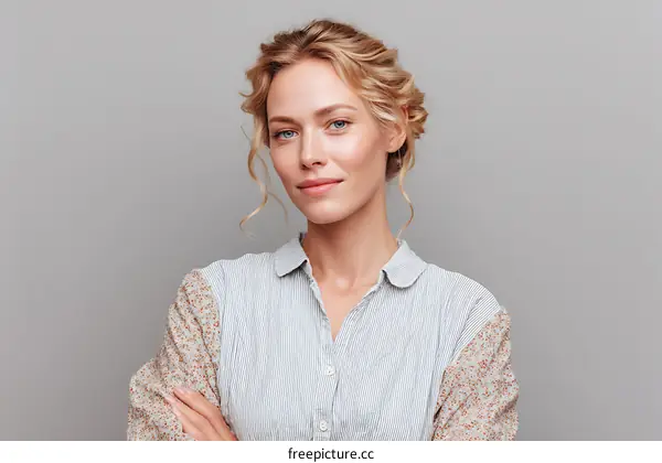 Elegant Woman in a Stylish Top against a Neutral Background