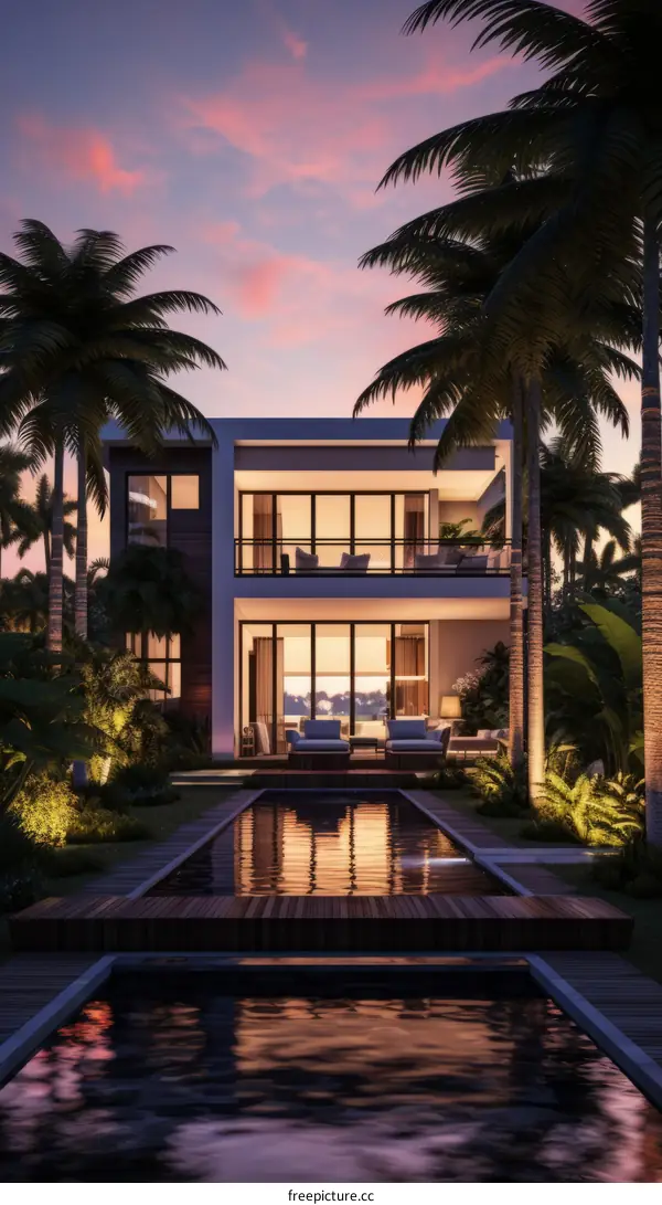 Modern luxury house with pool and palm trees
