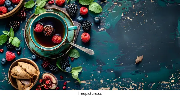 Cup of Tea with Berries and Mint on Blue Background