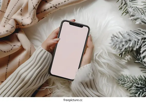 Woman in a Winter Sweater Holding a Phone With a Blank Screen