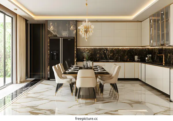 Modern Kitchen Interior Design with Marble Flooring and Gold Accents