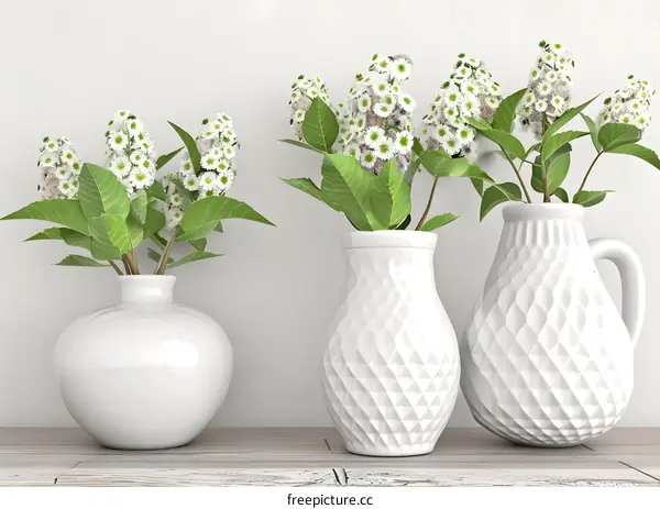 White Vases with White Flowers on Wooden Table