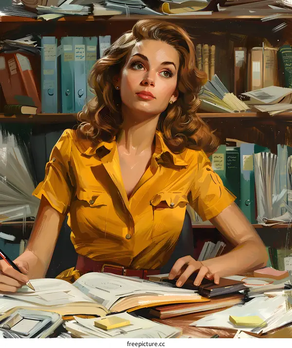 portrait of a beautiful woman in a yellow blouse sitting at a desk in a library