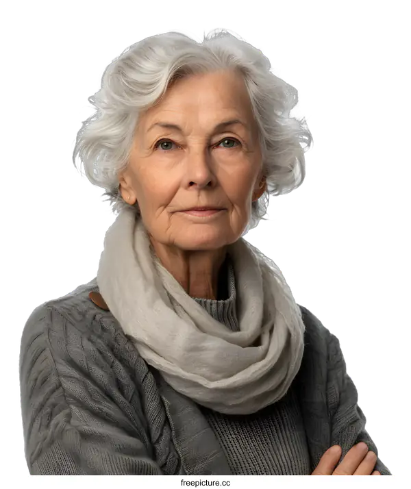 [Transparent Background PNG]portrait of an old woman with gray hair and a gray scarf