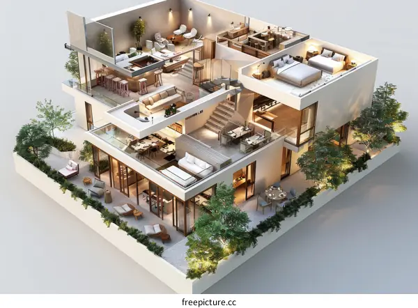 Multi-level Modern House Floor Plan Illustration