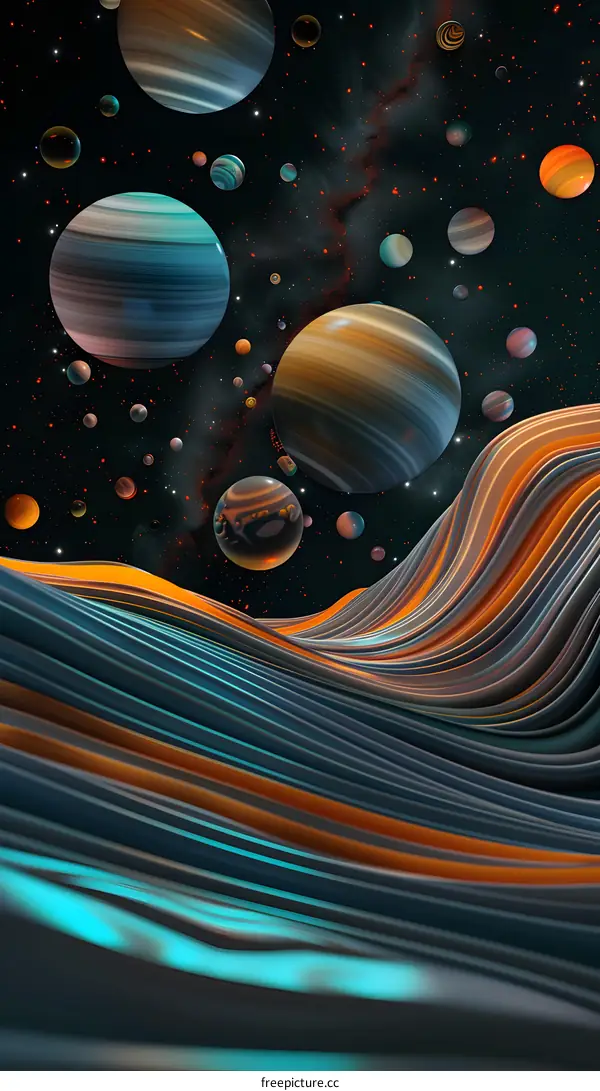 Abstract Space Art with Planets and Wavy Lines
