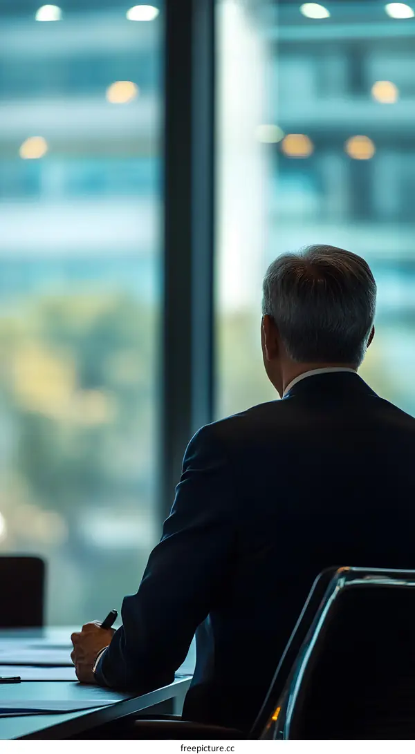 Businessman Sitting at a Desk Looking Out Window