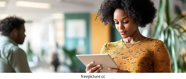 African American Woman Working on Tablet in Office
