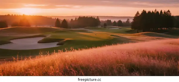 Sunset over a picturesque golf course with lush green fairways