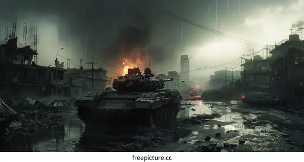 A lone tank drives through a destroyed city street during a rainstorm.
