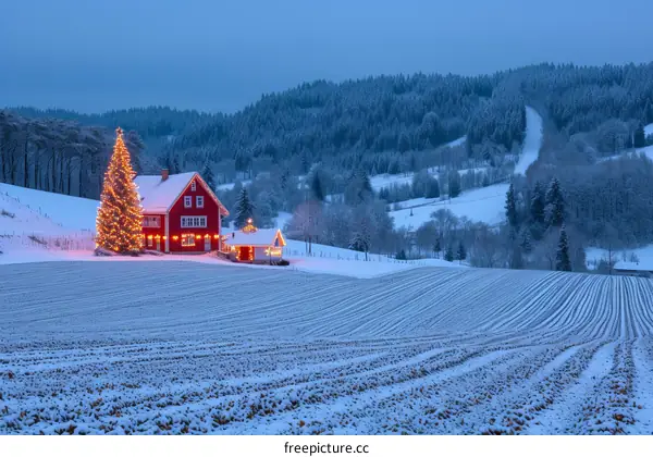 A snowy field and a house in the distance