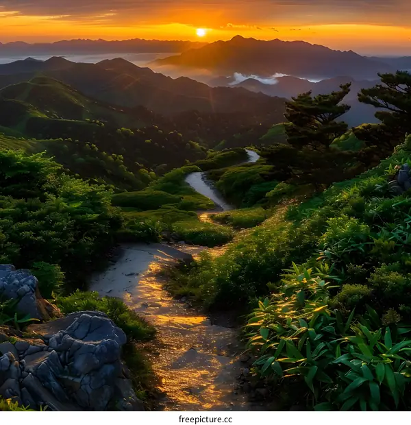 The sun rises over the mountains and shines on the path