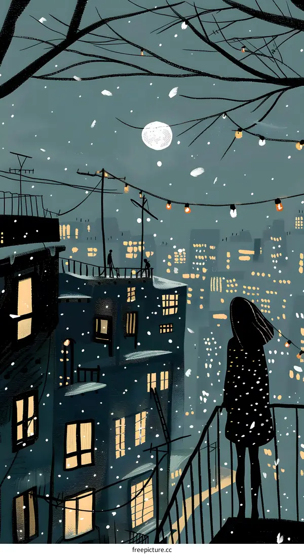 Snow Falling on Cityscape at Night