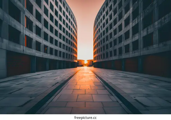 Modern Architecture Buildings with a Path Leading to the Sunset