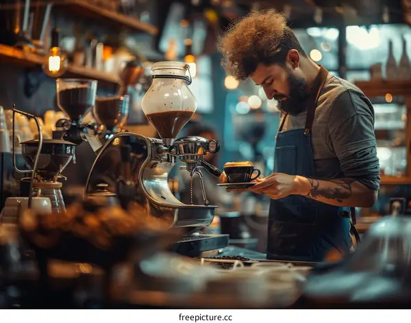 Bearded barista making coffee with a professional coffee machine