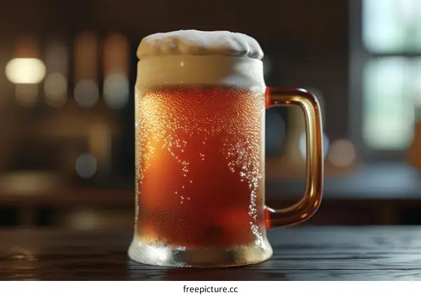 A close-up image of a mug of beer on a wooden table with a blurred background