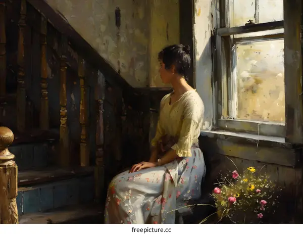 A Young Woman is sitting on the stairs near the window