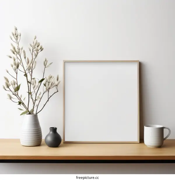 Minimalist wooden frame mockup with a white background, flowers in a vase, and a cup of coffee on a wooden shelf