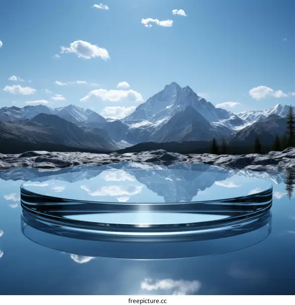 Glass Platform Floating on Water with Mountain Landscape in the Background