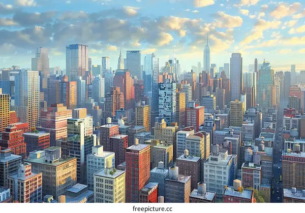 A bustling metropolis with high-rise buildings soaring towards the sky