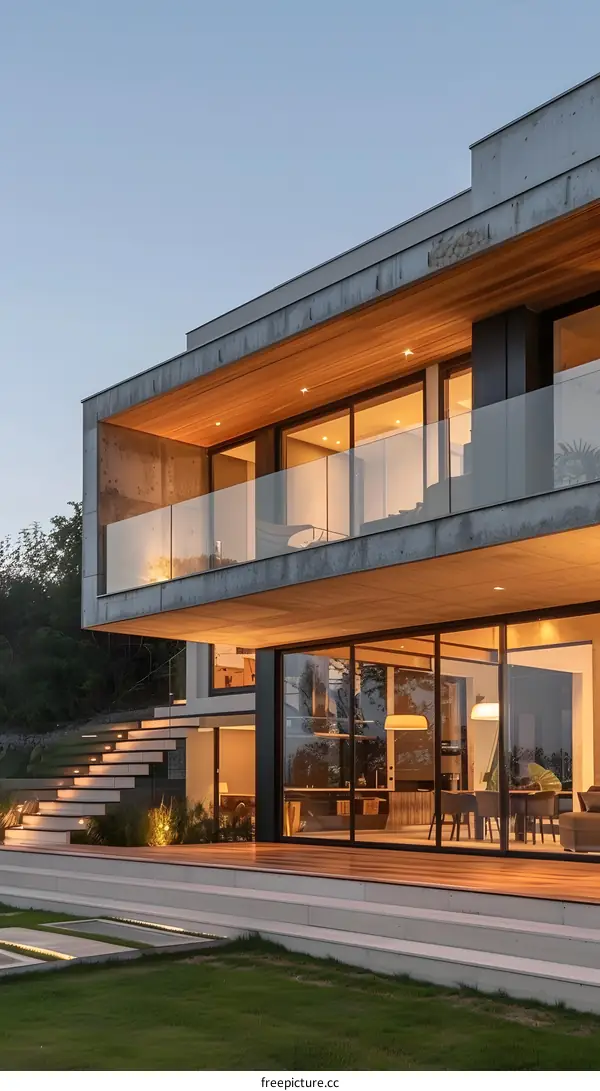 Modern Concrete and Wood House with Deck and Steps