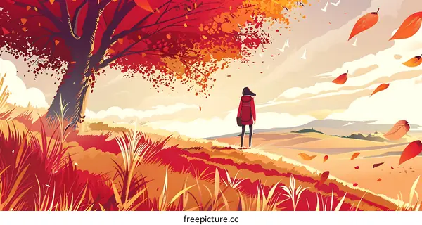 Autumn Landscape with Woman in Red Jacket