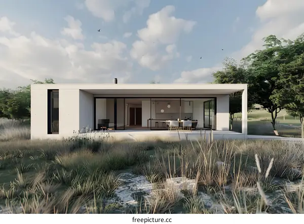 Modern Minimalist House Design with Large Windows and Grass