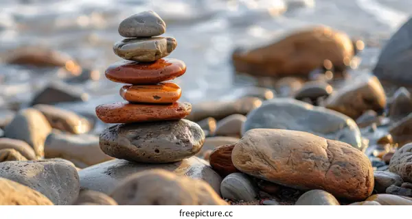 Stack of stones on a beach with the sea in the background