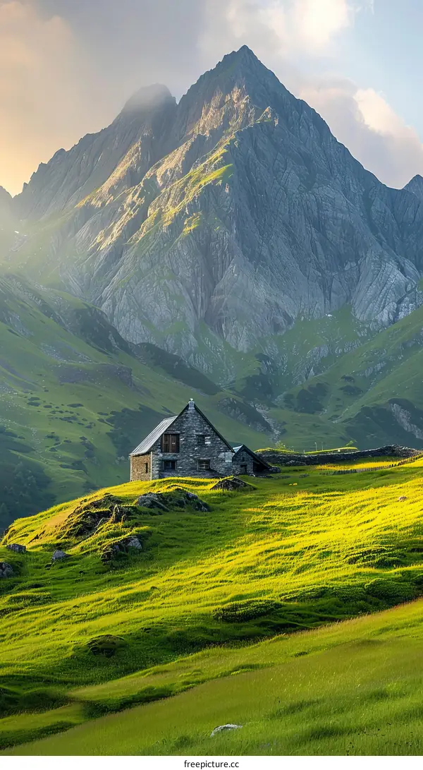 Small house in a valley with a large mountain in the background